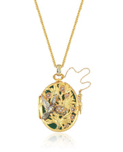 Green Dove’s Nest Locket. Locket Pendant. 18K yellow gold, 0,33ct diamonds 0,02ct rubies and vitreous enamel.18K yellow gold chain.